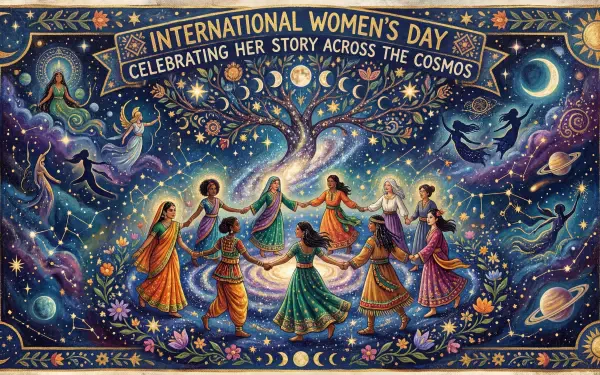 Colorful cosmic illustration of women in flowing dresses circling a luminous tree beneath a banner: 'International Women's Day — Celebrating Her Story Across the Cosmos'. 5K Ultra HD PC wallpaper.