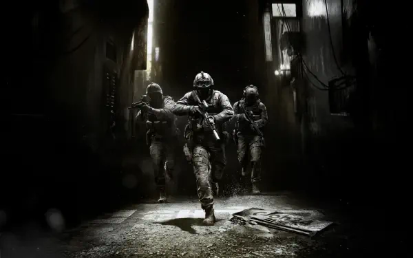 Three armed soldiers sprint through a dark urban alley, tactical gear and rifles raised — 8K Ultra HD PC desktop wallpaper for the video game Call of Duty: Modern Warfare 4.