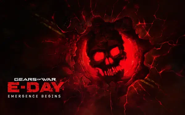 4K Ultra HD PC wallpaper — video game art for Gears of War: E‑Day showing a glowing red Locust skull emblem bursting through a cracked dark background with the Gears of War E‑DAY logo.