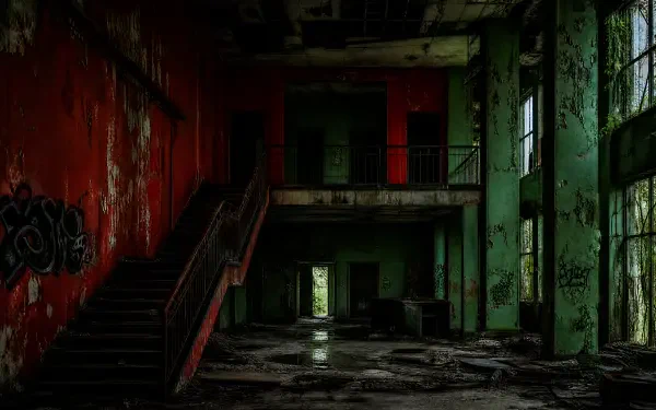 4K Ultra HD PC desktop wallpaper: dim, decaying abandoned building interior with crumbling stairs, peeling red and green walls, shattered floor and a pale doorway light.