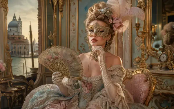 Glam 4K Ultra HD PC desktop wallpaper and background: masked aristocratic woman in ornate rococo gown and powdered hair, holding a fan in a gilded Venetian salon.