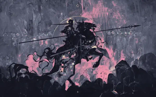 Digital art, digital painting, illustration, artwork, landscape — silhouetted armored rider on horseback thrusts a lance across rocky terrain bathed in pink light. 2K Quad HD PC desktop wallpaper/background.