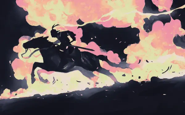 Digital Art, digital painting, illustration artwork: silhouetted rider on a galloping horse across a glowing landscape with billowing pink clouds — 2K Quad HD PC desktop wallpaper/background.