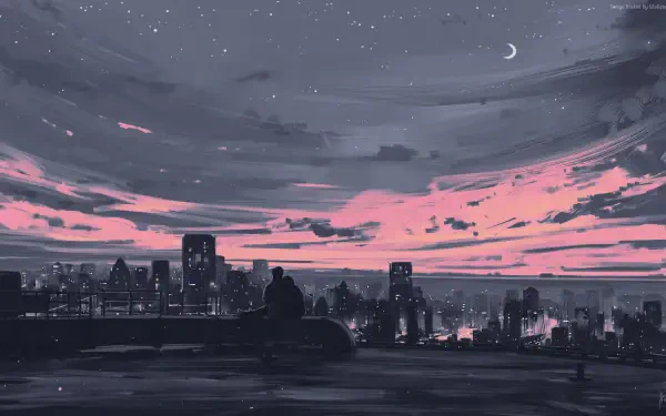 HD PC desktop wallpaper and background — digital painting illustration: moody urban landscape artwork with a rooftop silhouette gazing at a pink-and-gray dusk skyline and crescent moon.