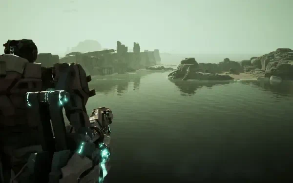 Armored figure surveys a green‑tinted alien shoreline across calm reflective water with distant structures — video game gen ATLAS, 4K Ultra HD PC desktop wallpaper.