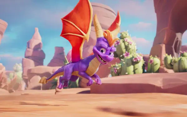 Spyro the purple dragon from the video game Spyro: A Realm Beyond bounding across a sunlit canyon — 4K Ultra HD PC desktop wallpaper and background.