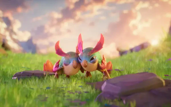 Two colorful crab-like creatures nuzzle on a sunlit grassy field under a glowing sky — 4K Ultra HD PC desktop wallpaper from the video game Spyro: A Realm Beyond.