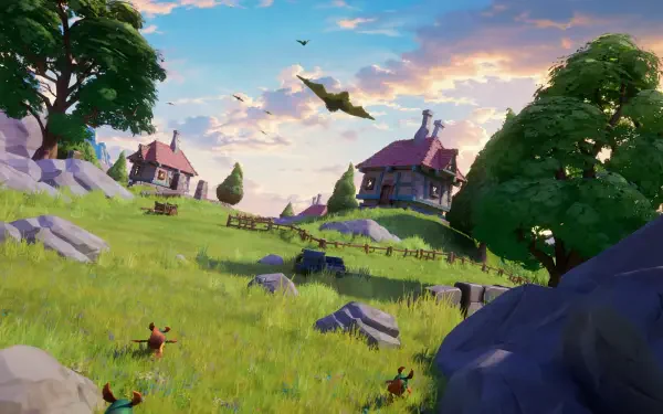 4K Ultra HD PC desktop wallpaper and background from the video game Spyro: A Realm Beyond — sunlit rolling fields, cottages and trees with a dragon soaring over a peaceful fantasy village.