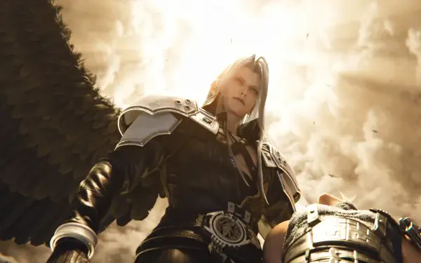 4K Ultra HD PC wallpaper for Final Fantasy VII Revelation: armored silver‑haired angelic warrior with black wings against a stormy golden sky — video game background.
