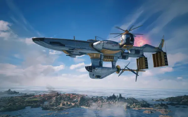 4K Ultra HD PC desktop wallpaper of a Final Fantasy VII Revelation airship soaring above rocky coastlines under a bright blue sky, video game background.