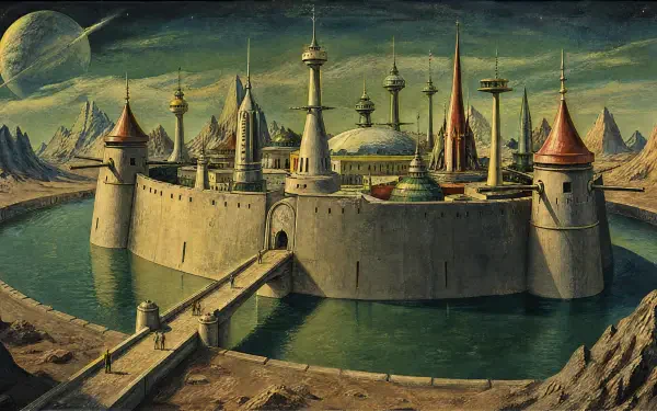4K Ultra HD PC desktop wallpaper: a walled fortress surrounded by a moat, soaring spires and domes beneath a distant planet, connected by a stone bridge.