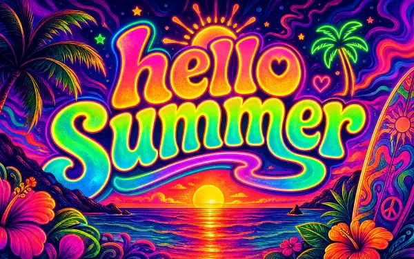 Neon hello summer lettering over a vivid tropical sunset with palm trees, hibiscus, a surfboard and sparkling ocean — 4K Ultra HD PC desktop wallpaper and background.