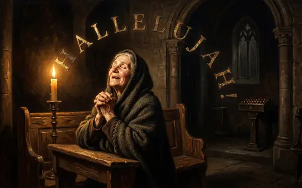 Elderly woman praying by candle in a dim stone church, the word HALLELUJAH arched above — 5K Ultra HD PC desktop wallpaper/background.