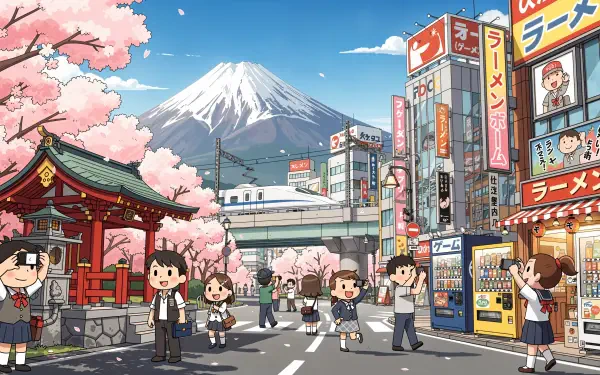 4K Ultra HD PC desktop wallpaper and background of Japan: stylized street with cherry blossoms, Mount Fuji, a Shinkansen, a shrine, ramen signs, vending machines and chibi characters.