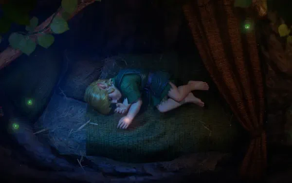 4K Ultra HD desktop wallpaper of young Link sleeping curled on a forest bed, glowing fairies above — The Legend of Zelda: Ocarina of Time (2026) video game