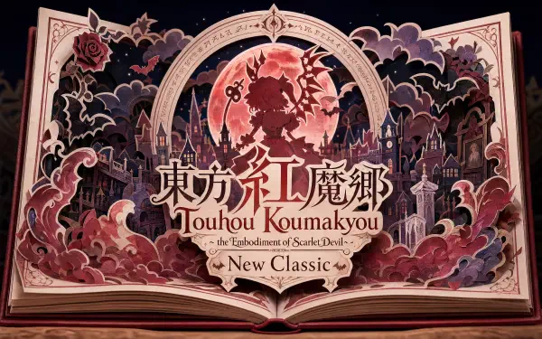 Touhou Koumakyou: New Classic - the Embodiment of Scarlet Devil 4K Ultra HD PC desktop wallpaper: an open ornate storybook framing a gothic castle, blood-red moon, roses and silhouetted figures.