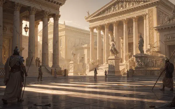 Classical 4K Ultra HD PC desktop wallpaper and background: sunlit ancient Roman forum with grand marble temples, tall columns, statues and robed figures casting long shadows across the plaza.