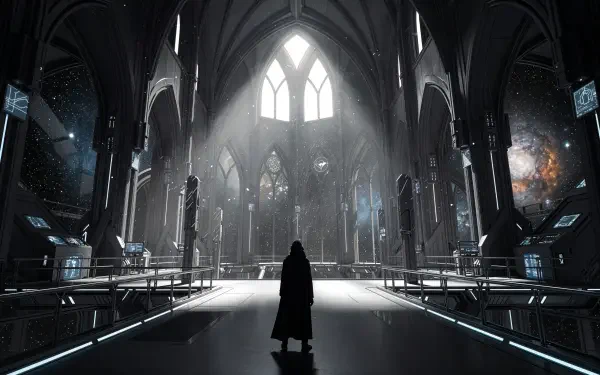 4K Ultra HD PC desktop wallpaper and background — lone cloaked figure in a vast futuristic gothic cathedral interior, shafts of light through arched windows and holographic consoles along the aisles.