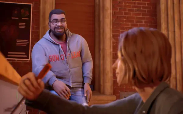 4K Ultra HD PC wallpaper from the video game Life Is Strange: Reunion (Life Is Strange). A smiling bearded man in a hoodie and a short-haired woman interact in a brick-walled interior.