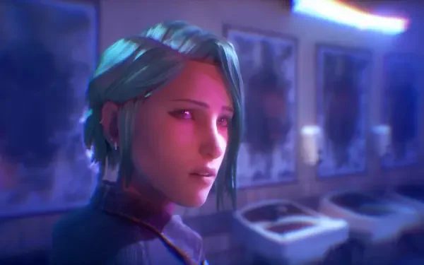Close-up of teal-haired character from the video game Life Is Strange: Reunion, moody neon-lit arcade interior; 4K Ultra HD PC desktop wallpaper background.