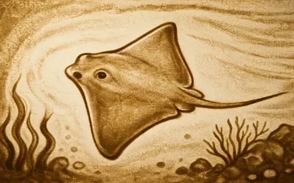 Sand-art style stingray gliding over a seabed of pebbles and seagrass — 4K Ultra HD PC desktop wallpaper and background.