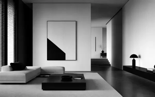 Monochrome minimalist home interior with low sofa, geometric wall art and open hallway — 4K Ultra HD PC desktop wallpaper and background