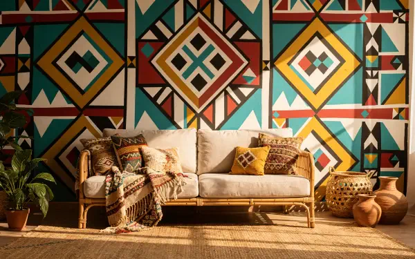 Boho 4K Ultra HD PC desktop wallpaper and background: rattan sofa with patterned pillows and throws, terracotta pots, woven rug, and a colorful geometric accent wall.