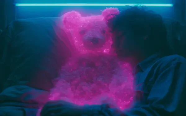 Aesthetic 2K Quad HD PC desktop wallpaper: neon-pink glowing teddy bear beside a sleeping person in a moody blue-lit room.