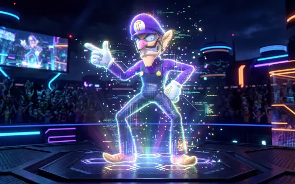 Waluigi holographic pose amid neon stadium lights, sparkles and vibrant colors — 5K Ultra HD PC desktop wallpaper and background.