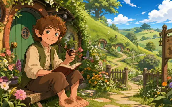 Hobbit on a round-doored cottage step, reading and smoking a pipe amid a sunlit, flower-filled Shire landscape — 4K Ultra HD PC desktop wallpaper/background.