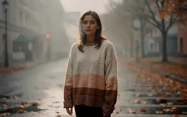 Sweater weather — lone figure in an oversized striped knit on a misty, leaf-strewn street; 4K Ultra HD PC desktop wallpaper and background.