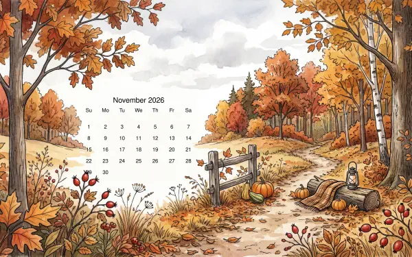 November 2026 calendar on 5K Ultra HD PC desktop wallpaper and background depicting an autumn woodland path with pumpkins, a fence, and golden trees.