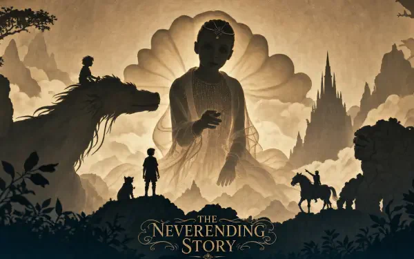 4K Ultra HD PC desktop wallpaper of The Neverending Story: silhouetted heroes and creatures on a ridge facing a colossal radiant statue framed by clouds and spires in a sepia fantasy landscape.