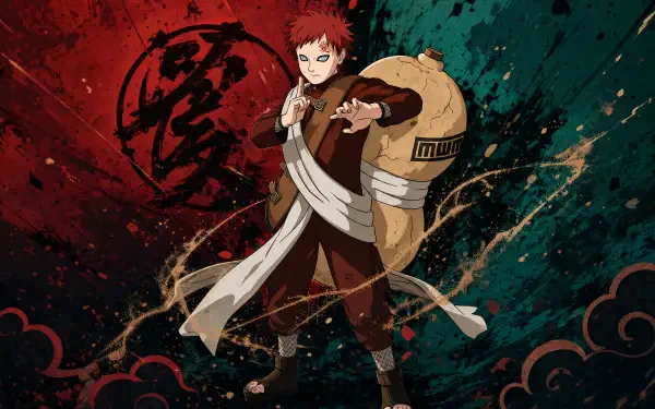 Gaara (Naruto) in a dynamic sand stance against a red and teal splattered backdrop — 4K Ultra HD PC desktop wallpaper and background.