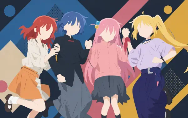 Bocchi the Rock! 4K Ultra HD PC desktop wallpaper: four band girls in colorful outfits posing and singing against a bold geometric background.