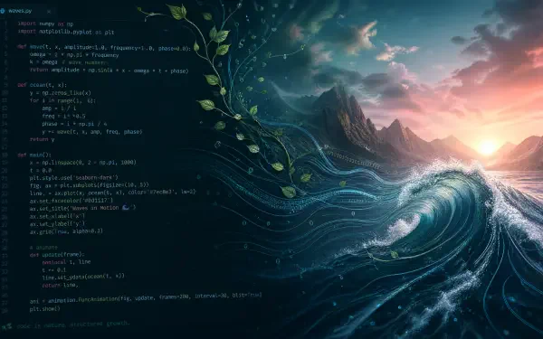 4K Ultra HD PC desktop wallpaper and background: glowing code on the left morphs into vines that flow into a stormy ocean wave beneath a sunset and distant mountains.