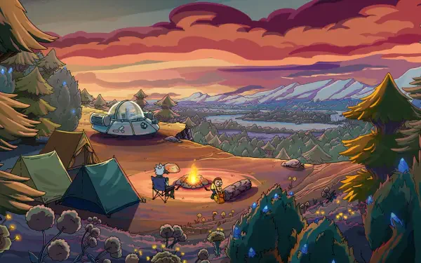HD PC desktop wallpaper of Rick and Morty (TV show, Rick and Morty Season 9) camping by a campfire beside their spaceship at sunset over mountains.