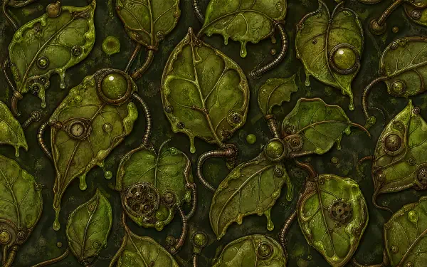 4K Ultra HD PC desktop wallpaper and background: dense, textured dark-green leaf pattern with curling vines, embossed veins and subtle metallic highlights.