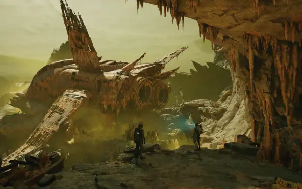 HD PC desktop wallpaper and background for Exodus (2027 Video Game): two explorers stand by a crashed starship inside a misty green alien cavern with jagged stalactites.