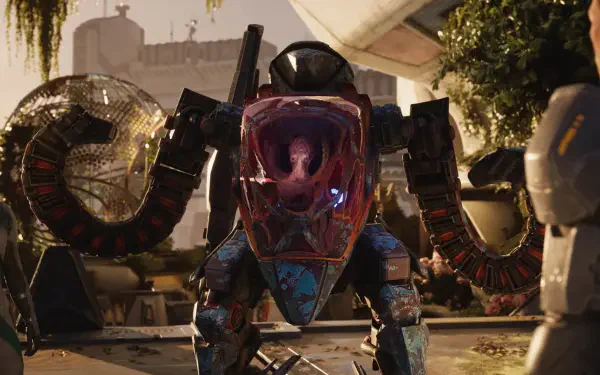 HD PC desktop wallpaper/background from the video game Exodus (2027): a weathered combat mech with a glowing cockpit and tentacle-like arms standing in a sunlit ruined urban plaza.