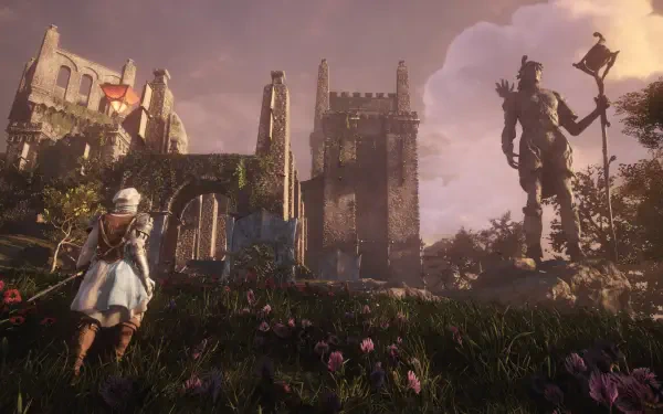 Soulframe video game 4K Ultra HD PC desktop wallpaper: a lone armored figure walks through a flowered field toward a ruined cathedral while a towering stone sentinel looms under a dusky sky.