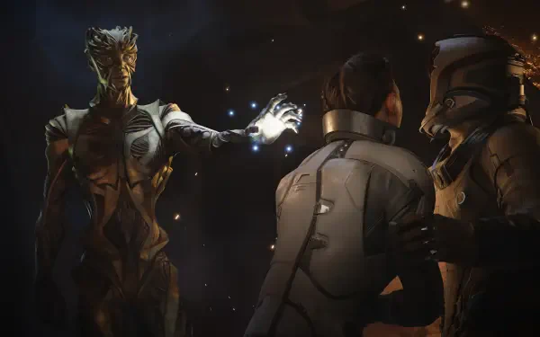 Dark 4K Ultra HD PC desktop wallpaper and background from the video game Exodus (2027): a tall reptilian alien extends a glowing hand toward two suited humans in a tense orbital encounter.