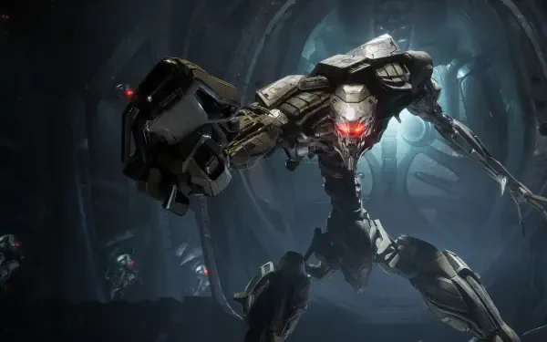 4K Ultra HD PC desktop wallpaper and background of a menacing combat mech firing a glowing red core in a dark industrial tunnel — artwork from the video game Exodus (2027).