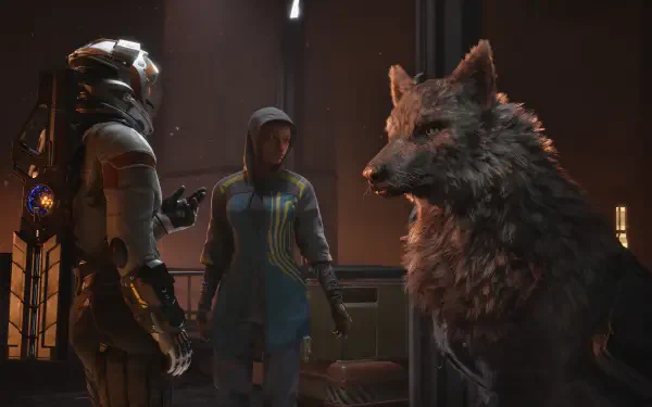 4K Ultra HD PC desktop wallpaper from Exodus (2027 video game): armored soldier, hooded figure and a massive wolf in a dim, futuristic interior.