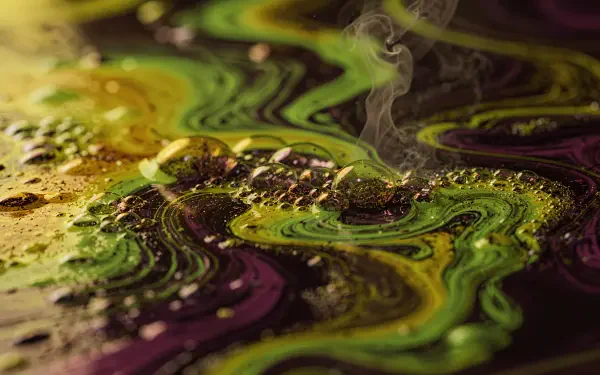 Abstract textured close-up of swirling green, yellow, and purple liquid with bubbles and wisps of steam — 4K Ultra HD PC desktop wallpaper and background.