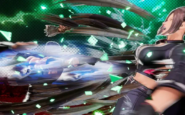 Video game 4K Ultra HD PC desktop wallpaper of Fatal Fury: City of the Wolves — female fighter unleashing a blurred energy slash amid green background with card-like debris and motion trails.