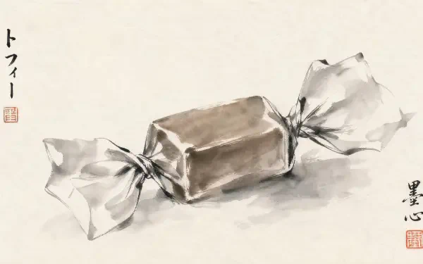 Ink-wash painting of a single wrapped toffee on cream paper with Japanese calligraphy and seals — 4K Ultra HD PC desktop wallpaper/background.