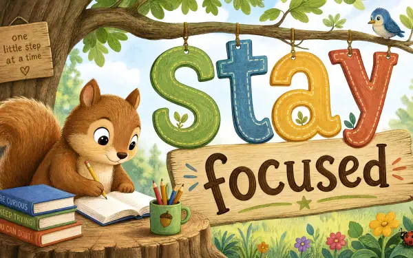 4K Ultra HD PC desktop wallpaper: cheerful squirrel writes at a woodland desk beneath large colorful Stay focused letters, with books, pencils, flowers and a bluebird.