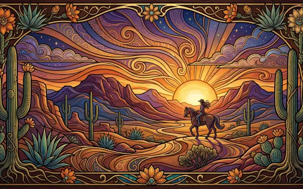 Vibrant 5K Ultra HD PC desktop wallpaper and background: stylized desert sunset with a lone rider on horseback, swirling colorful sky, saguaro cacti and layered mountains.