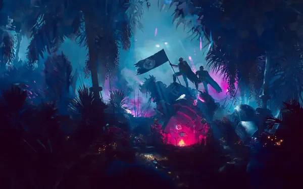 Helldivers 2 4K Ultra HD PC desktop wallpaper: silhouetted soldiers planting a flag in a neon-lit alien jungle, glowing flora and a red-lit crater.